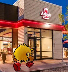Pac-Man walking to Arby's